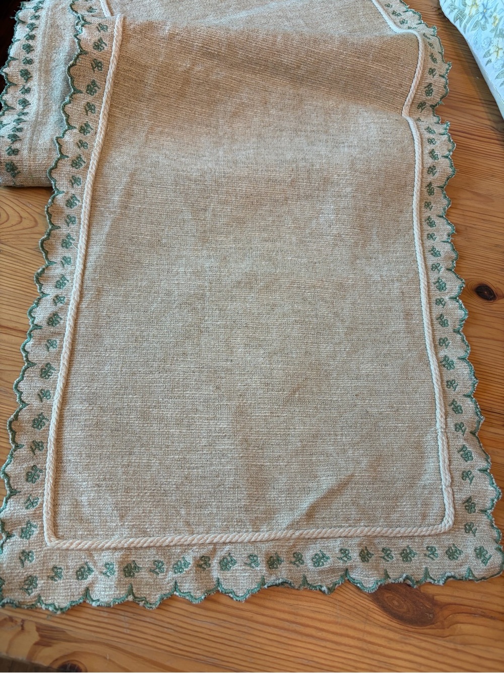 Magnolia Table Runner 66” Beige With Green Embroidered Floral Trim Linen Blend - Picture 2 of 4